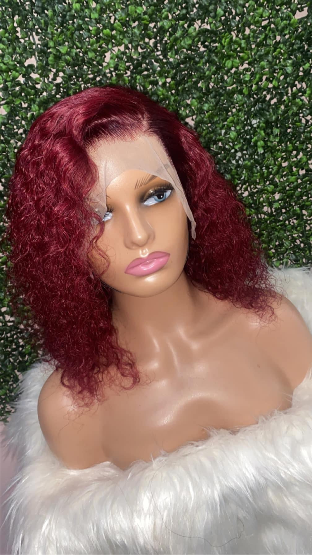 Burgundy frontal curly bob