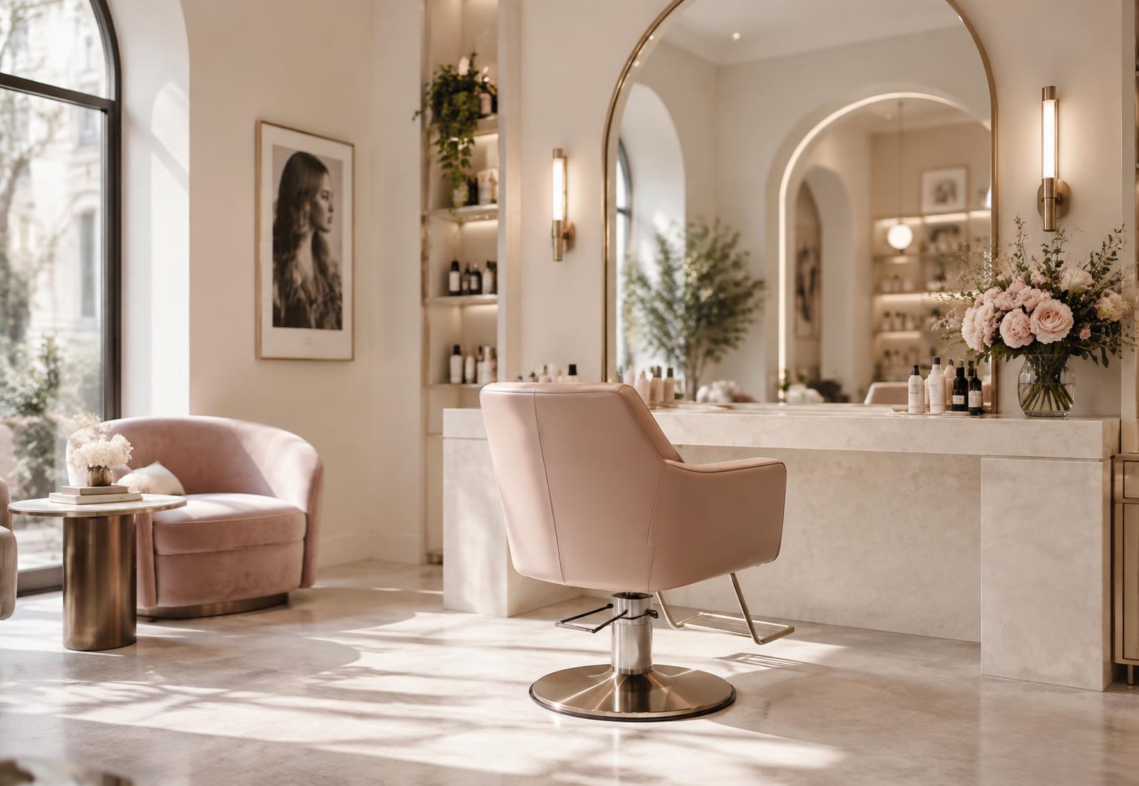 Interior of 360 Hair Lounge with ivory walls and a dusty rose styling chair